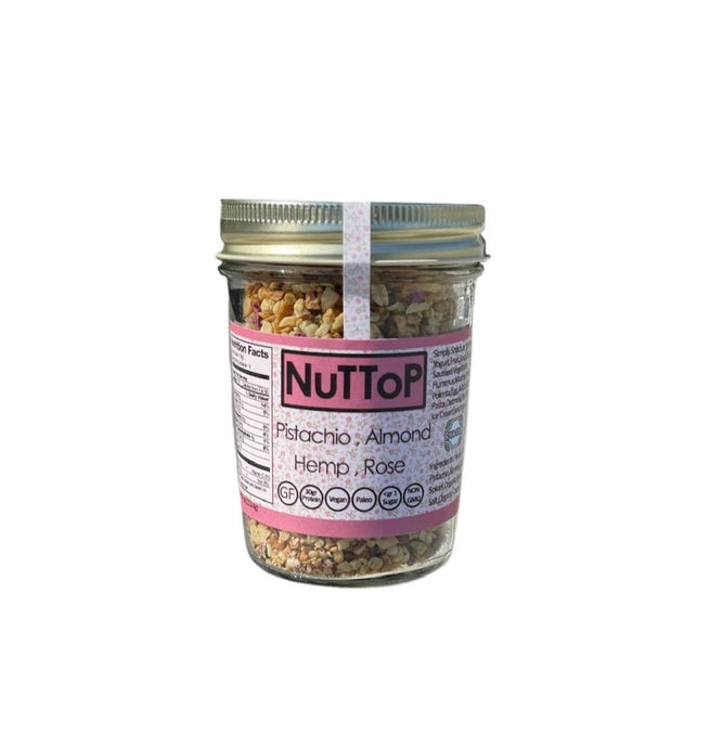 8 ounce jar of nuttop rose, a blend of pistachio, almond, hemp and rose