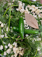 Load image into Gallery viewer, Fresh serrano chilies with herbs and chopped garlic
